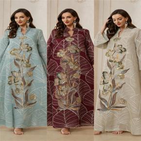Heavy Sequin Embroidered Abaya, Middle East Stand Collar V Neck Wide Sleeve Plus Size Women Long Dress