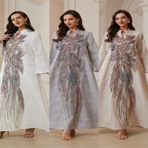 Heavy Phoenix Sequin Embroidered Abaya, Middle East Stand Collar V Neck Wide Sleeve Muslim Women Long Dress