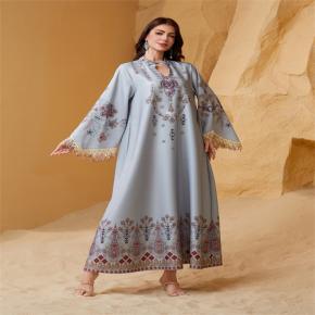 Ethnic Digital Print Tassel Flare Sleeve Abaya, Middle East V Neck Beaded Muslim Women Long Dress