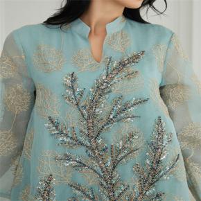 Heavy Leaf Sequin Embroidery Stand Collar V Neck Abaya, Middle East Organza Muslim Women Long Dress