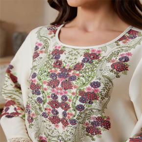 Color Floral Print Beaded Tassel Flare Sleeve Abaya, Middle East Loose Muslim Women Long Dress