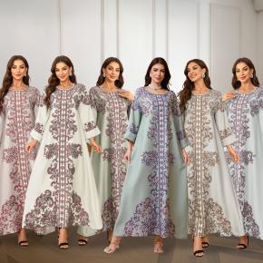 Vintage Paisley Print Maxi Dress for Women Round Neck Cuffed Long Sleeve Loose Long Party Gown, Multiple Colors Available