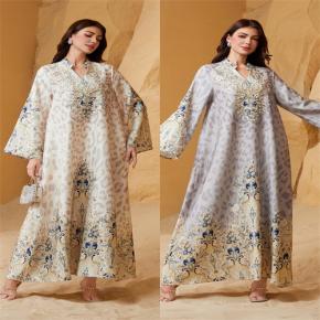 Notch Collar Leopard Floral Print Maxi Dress Hand Beaded Flare Long Sleeve Loose Party Gown, 2 Colors