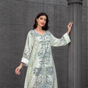 Round Neck Gradient Leopard Paisley Print Maxi Dress Cuffed Long Sleeve Loose Party Long Gown