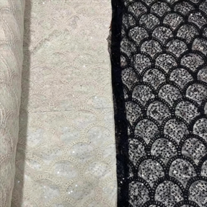 Scallop Fish Scale Sequin Lace Fabric, Heavy Crochet Embroidery Tulle for Evening Dress