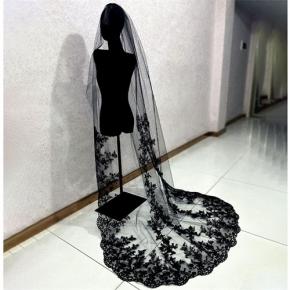 Black Floral Embroidery Chapel Veil, Vintage Gothic Long Lace Bridal Veil