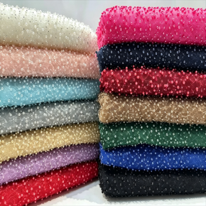Handmade Beaded Tulle Fabric, Starry Pearl Embroidery Mesh for Wedding Veil & Evening Dress