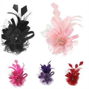 Handmade Fabric Flower Feather Brooch Rhinestone Corsage Pin