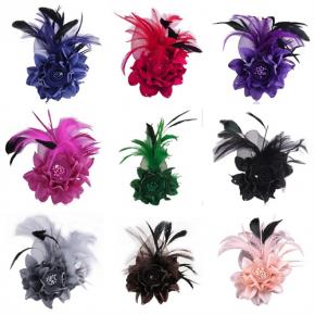 Vintage Court Feather Fabric Flower Brooch Rhinestone Mesh Corsage Pin