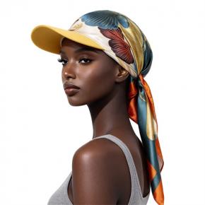 Women Printed Satin Scarf Hat with Brim, Turban Headscarf Cap