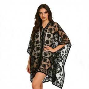 Women Floral Lace Beach Cover Up, V Neck Open Front Kimono Swim Cover