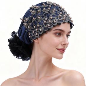 Spring Summer Lace Beaded Turban Hat, Embroidery Lace Breathable Headscarf Hat for Women, Pearl Decorated Hair Cover Cap